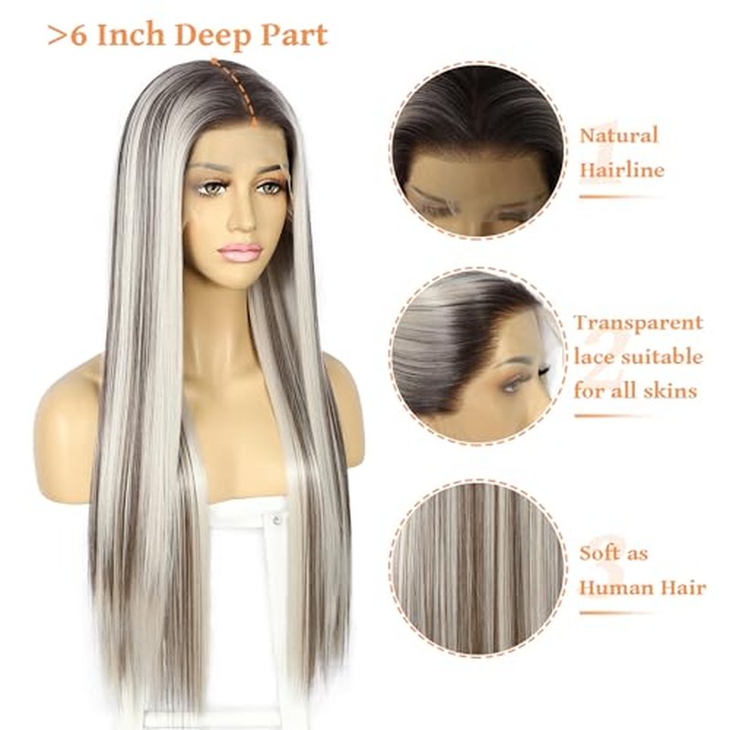 SAPPHIREWIGS Straight Synthetic Lace Front Wigs for Women Ombre Platinum Blonde Wigs with Brown Highlight Glueless 13¡¿6 Long Silky Straight Wig Pre-plucked Hairline Daily Use 26 Inches