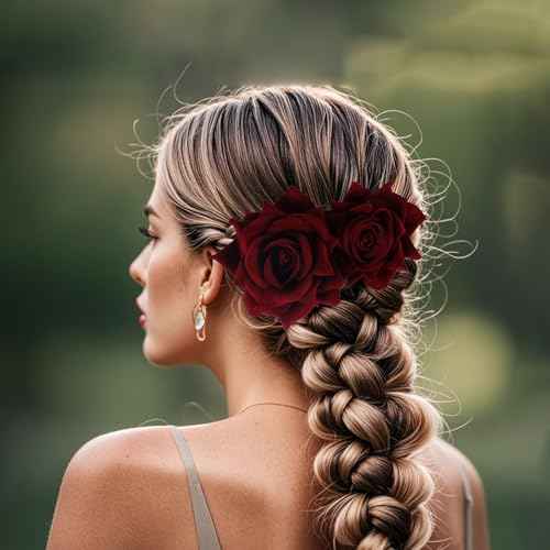 3 Pcs Rose Flower Hair Clip Rose Brooch Flamenco Dancer Hairpin Mexican Hair Accessories for Woman Girls Wedding Party Mother's Day Halloween Costume (2 Styles) (Dark Red)