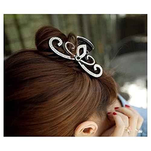 Yusier Lotus Rhinestone Hair Clip for Women - Thick Hair Big Grab Claw Clip with Diamond Crystal for Prom (Black)