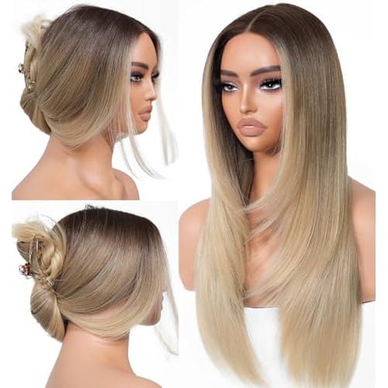 Ombre Blonde Wear and Go Glueless Wigs Pre Plucked Pre Cut for Beginners Synthetic Lace Front Wigs With Bangs Blonde Long Layered Straight Wigs 26 Inch 3 Seconds to Wear for Beginners