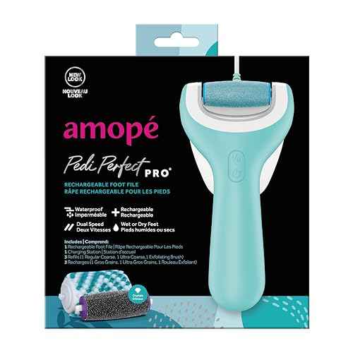 Amope Pedi Perfect Pro Wet & Dry Electric Foot File Callus Remover Kit, Waterproof, Rechargeable, Pedicure Tool for Feet, Removes Hard, Dead Skin, Feet Scrubber w/ Diamond Crystals, w/ 3 Roller Heads