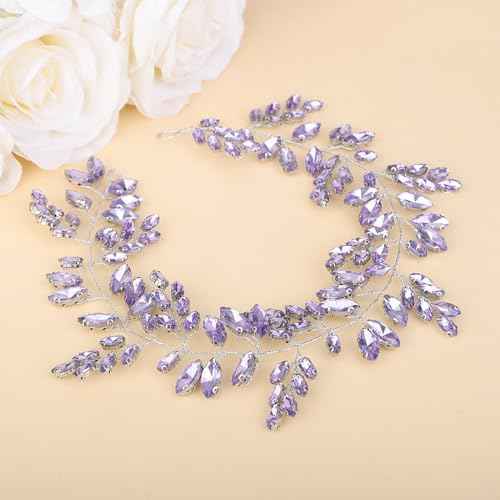 Teyglen Bride Wedding Crystal Hair Vine Full Purple Rhinestone Headband Handmade Rhinestone Headpiece Bridal Hair Accessories for Women Girls (Purple)