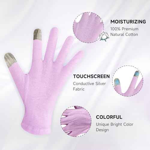 HandLove Premium 100% Cotton Gloves Moisturizing Gloves for Dry Hands & Eczema | Overnight Sleeping Gloves, Eczema Gloves | Reusable| Touchscreen, Purple, 2 Pairs
