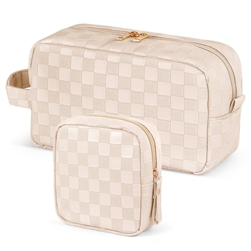 MAGEFY 2Pcs Makeup Bag, Cute Checkered Pouch with Handle, Leather Travel Makeup Pouches for purse Make Up Bag for Cosmetic, Lipstick,Beige