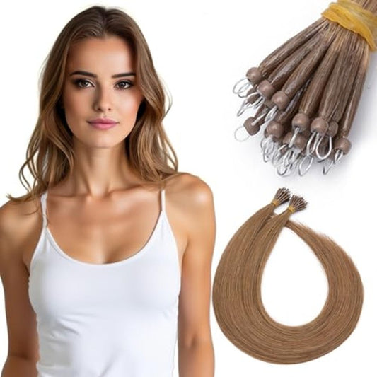 SEGO Nano Bead Hair Extensions Human Hair, 1g/Stand, 50g/pack, Add Volume, Length, and Highlights, Nano Nano Ring Tip Hair Extensions for Women, 16 Inch, Light Brown