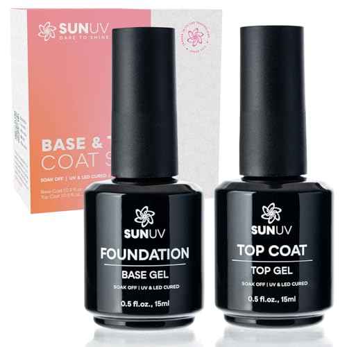 SUNUV 15ml Gel Top Coat and Base Coat Set, Gel Nail Polish Kit 2 Pack, Art Manicure UV Nail Lamp No Wipe High Gloss Gifts for Women