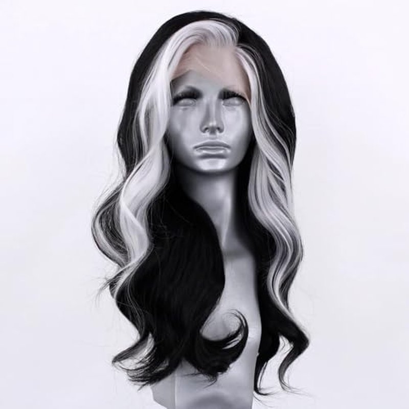 RONGDUOYI RDY Black Mix White Highlight Wig for Women Pure Black with a White Front Streak Lace Front Wigs 26inches Long Body Wave Synthetic Wig with Natural Hairline
