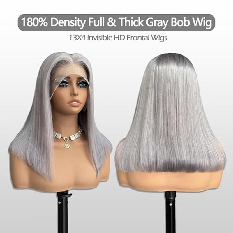 Grey Bob Wigs Human Hair 13x4 Lace Front Wigs Glueless Brazilian Remy Hair Straight for Women 8 Inch Pre Plucked Natural Hairline 180% Density Dark Grey HD Lace Frontal Short Bob Wigs