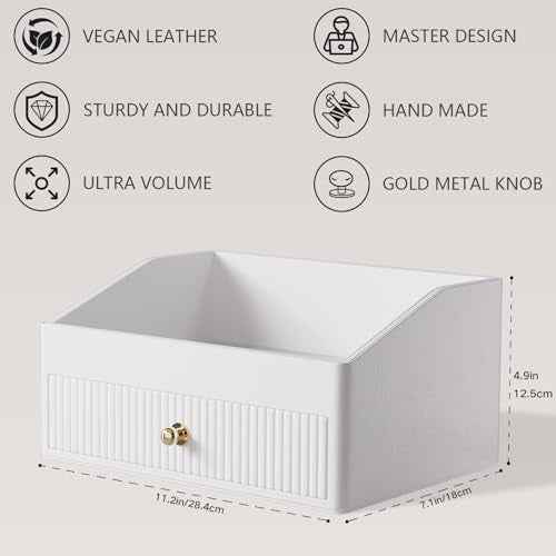 Makeup Organizer,Leather Skin Organizer with 1 Drawer&Tray,Luxury Beige White Makeup Storage for Perfume,Bedroom,Bathroom,Gifts for Women,Womens Gifts (White, 1-Drawer)