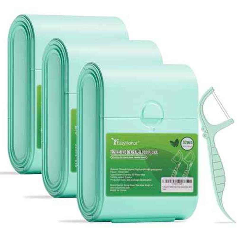 EasyHonor Dental Floss Picks,Twin-Line Mint Flavor Dental Flossers, Dual Action Flossing System, Easy Carry and Pick, 156 Count Floss Sticks in 3 Portable case.(Green, Mint)