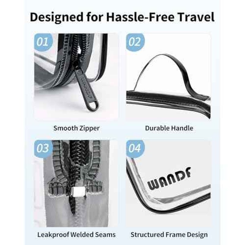 WANDF TSA Approved Toiletry Bag, 2 Packs Travel Clear Toiletry Bag, Quart Size Makeup Cosmetic Pouch with Zipper, Carry-On Airport Compliant Bag for Women and Men (2 pcs, Black with Handle)