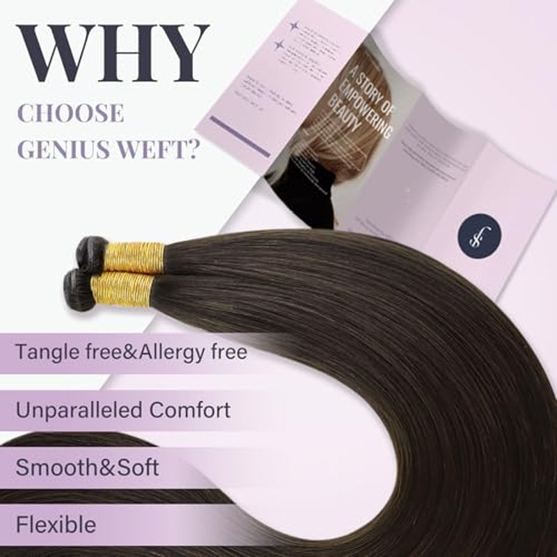 Fshine Genius Weft for Women Darkest Brown 20 Inch 60g Remy Human Extensions Human Bundle Natural Straight Long Weave One Piece Genius Weft