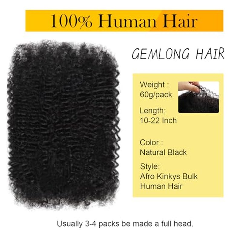 Afro Kinkys Bulk Human Hair 20Inch 60g/pack 100% Natural Black Human Hair For Making Micro Locs, Twists, Braids, Dreadlocks Extensions, Locs Repair, Crochet Braiding Hair