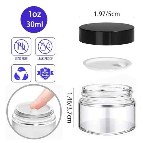 24 Pack 1 oz Round Clear Glass Cosmetic Jars with Inner Liners and Black Lids, Travel Glass Jars, Cosmetic Containers for Lip Balms, Powders, Makeup, Cream, Eyeshadow, Slime, Paint