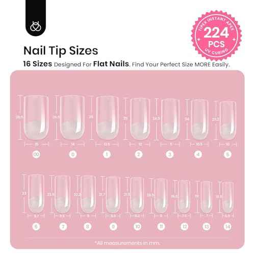Beetles Tipex Nail Kit, Square Medium Nail Tips 224 Pcs 16 Sizes Pre-Etched Fake Nails with Tipex Nail Glue Mini Nail Lamp - Thick Acrylic Nail Set Pre-Builder Gel Press-on Nails