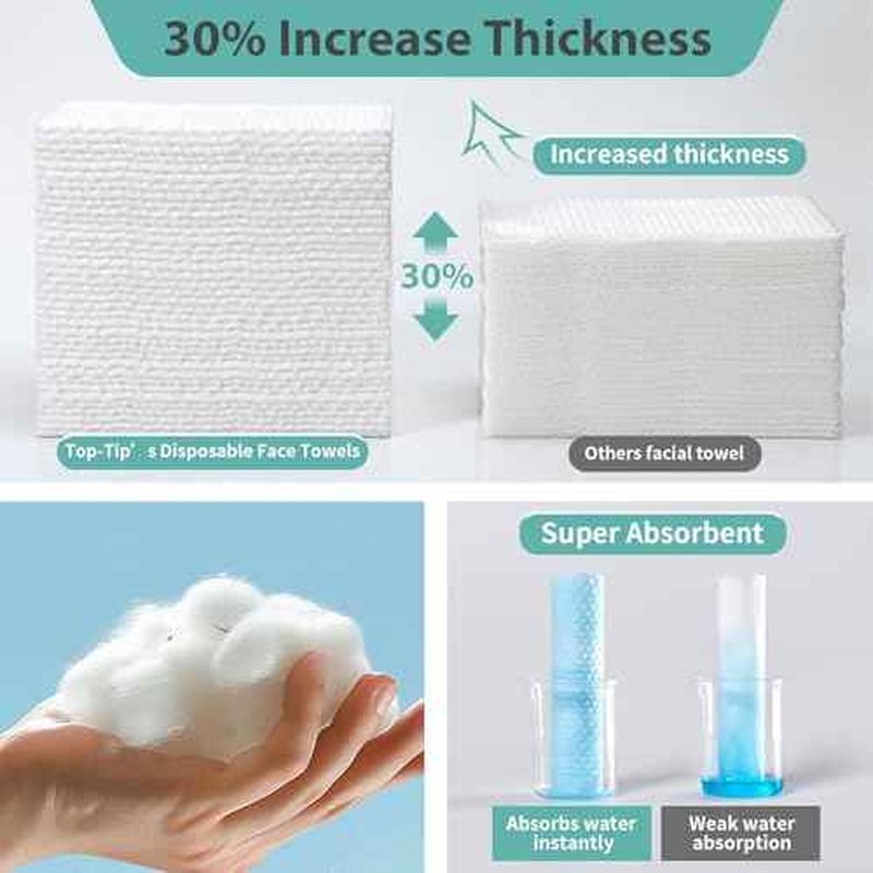 100% Pure Cotton Disposable Face Towel, Soft & Skin Friendly Face Towelettes Disposable for Sensitive Skin, Lint- free Makeup Remover Dry Wipes, Thick Facial Towels Disposable