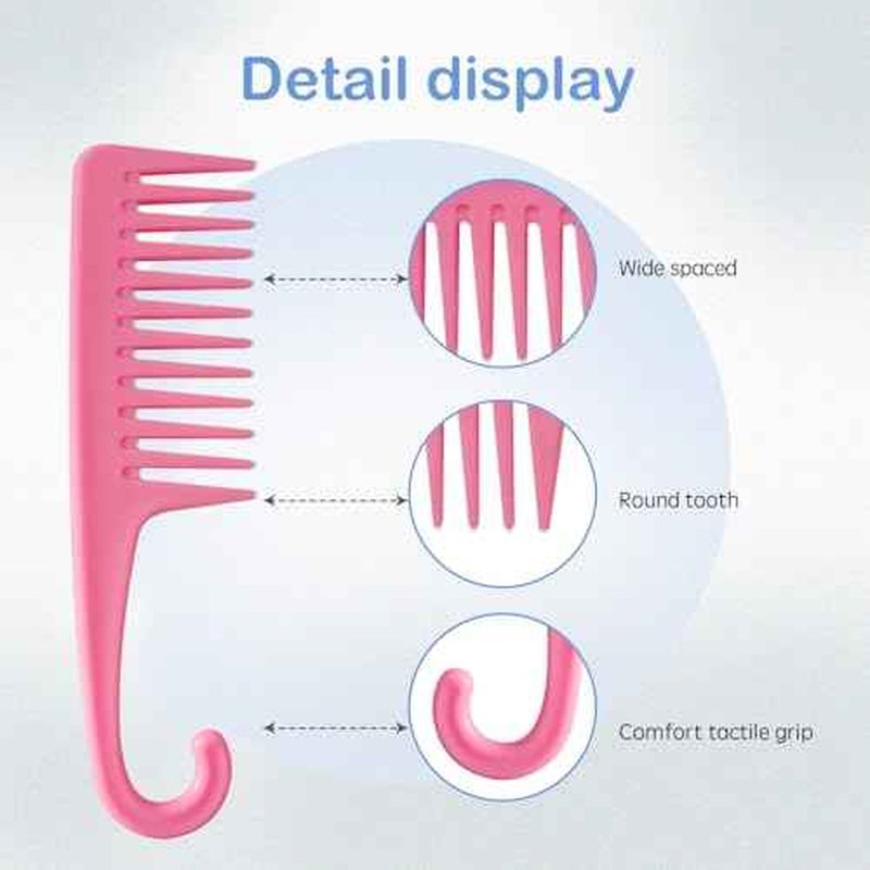 Wapodeai Wide Tooth Comb Shower Comb With Hook, Good for Curly Hair Wet Dry, Premium Tangle Free Combs Pink.