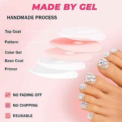 Sethexy Short False Toenails Handmade Rhinestone Wedding Full Cover Press On Toenails Luxury Crystal Fake Toe Nails Acrylic Artificial Stick On Foot Nails for Women and Girls 10Pcs (8, L)