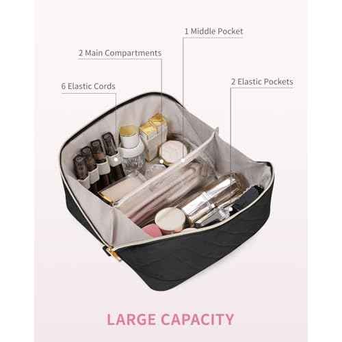 Wandering Nature Travel Makeup Bag,Travel Make up Bag with Large Capacity,Quilted Makeup Organizer Bag, Open Flat Travel Toiletry Bag for Women Cosmetic Bag with Divider and Handle,Patent Pending