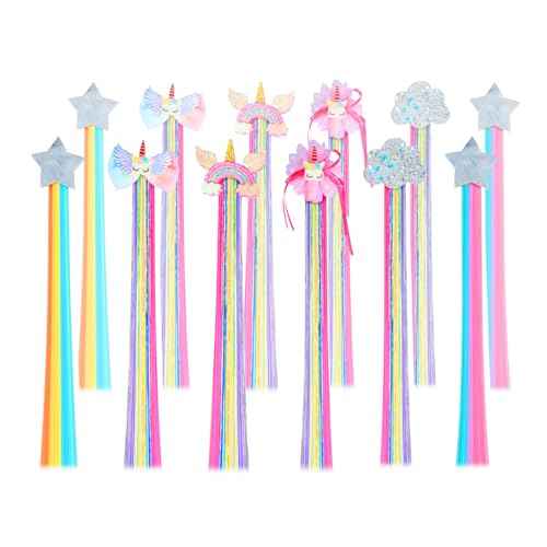 12 Pcs Hair Clips for Girls, 14in Rainbow Hair Extensions for Kids, Colored Little Girl Hair Clips Accessories, Unicorn Hair Clips for Girls Toddler Kids Ponytails(Straight Hair)