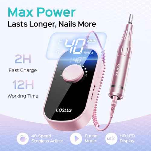 COSLUS Professional Rechargeable Electric Nail Drill 40000 RPM, Portable Nail File with Storage Stand for Acrylic Gel Polishing Removing - Easy to Use for Women, Manicure at Home DIY or Salon, Pink