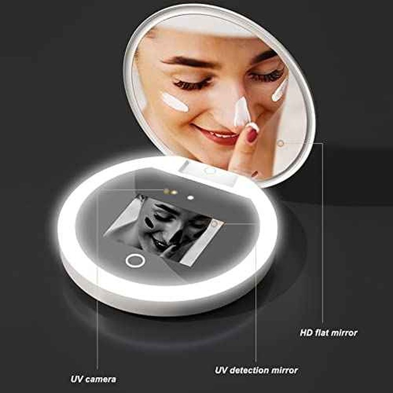 Diyeeni Compact Mirror with Camera for Sunscreen Test, Travel Lighted Makeup Mirror, 2X Magnification, Portable 2 Sided Pocket Mirror for Handbag Purse, 3.5 Inch