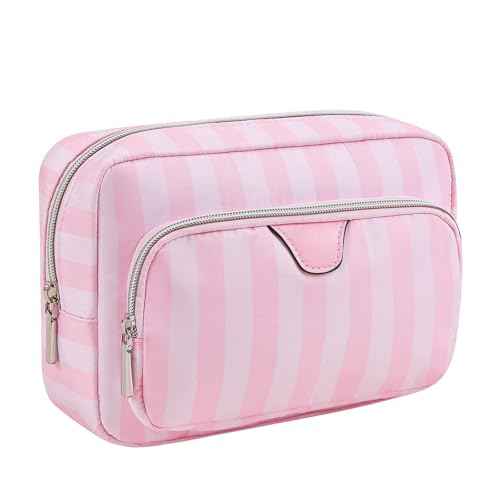 Waterproof Travel Makeup Bag, Aesthetic Nylon Striped Cosmetic Bag£¬Coquette Traveling Toiletry Bag With Zipper, Cosmetic Pouch for Women Purse, Ideal for Women and Girls(02 Compartments)