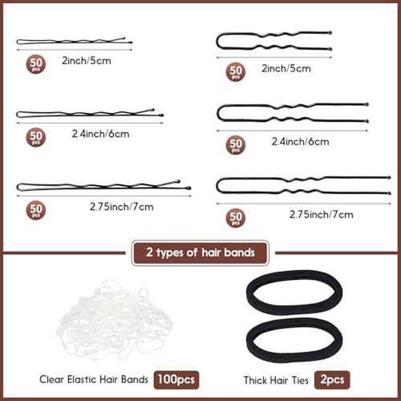 402pcs Bobby Pins U Hair Pins Set, 150pcs Wavy Bobby Pins 150pcs Hair Pins and 102pcs Hair Bands, U Pins for Hair Buns Women and Girls All Hair Types 2inch 2.4inch 2.75inch, Black
