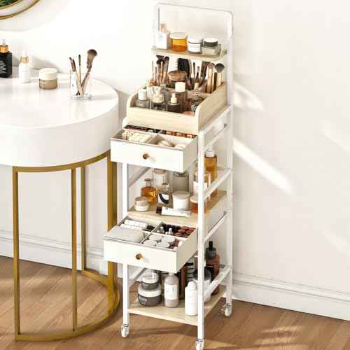 Wisdom Star Makeup Organizer Cart with 2 Drawers, Floor Skincare Organizers, Makeup Storage, Vanity Organizer, Cosmetics Display, Versatile Skin care Perfume Nail Polish Storage Rack for Bathroom
