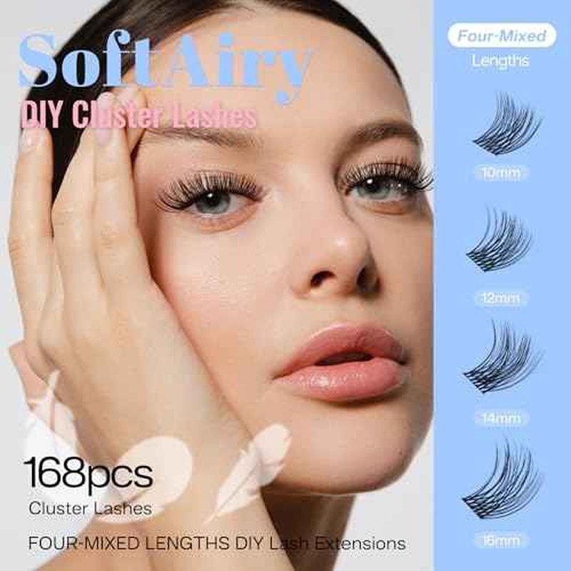 POPUP Lash Clusters Cluster Eyelash Extensions 168Pcs D Curl Natural Wispy Eyelash Clusters Mega Volume Reusable Individual Lashes Super Thin Band and Soft (703, 10-16MIX)