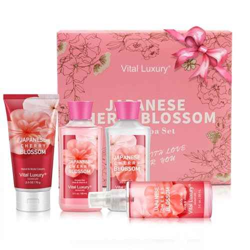 Bath and Body Care Gift Set for Women and Girls, Personal Self-Body Care Travel Set, Japanese Cherry Blossom Spa Home Set with Natural Extracts, 4 Pack - Shower Gel, Body Lotion, Body Mist, Hand Cream