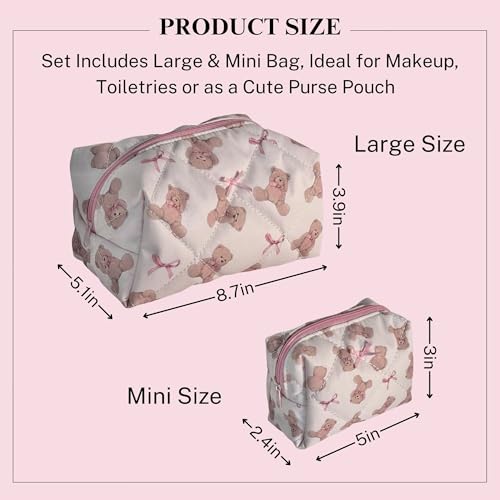 Teddy Bow Makeup Bag Set of 2, Cotton Quilted Bear Makeup Bags with Satin Pink Bows, Cute Girly Toiletry Pouch Set, Small Bag for Purse, Coquette Accessories, Aesthetic Gift Set for Women Teen Girls