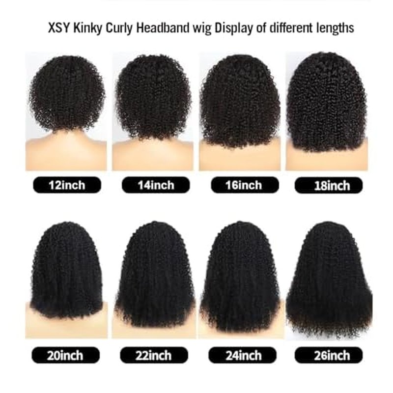 XSY Headband Wig Human Hair Kinky Curly 20 Inch Headband Wigs for Black Women Deep Curly Human Hair Wigs None Lace Front Wig 150% Density Natural Black Color