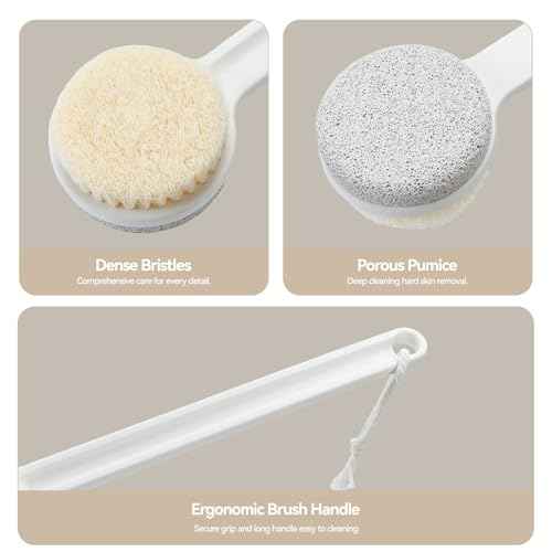 Foot Pumice Stone for Feet, 2 in 1 Foot Pumice Scrubber for Wet or Dry Brushing, Dead Skin Remover, Long Handle Foot Cleaning Brush for Senior, Pregnant, Disabled, or Injured, Box Packed(White)