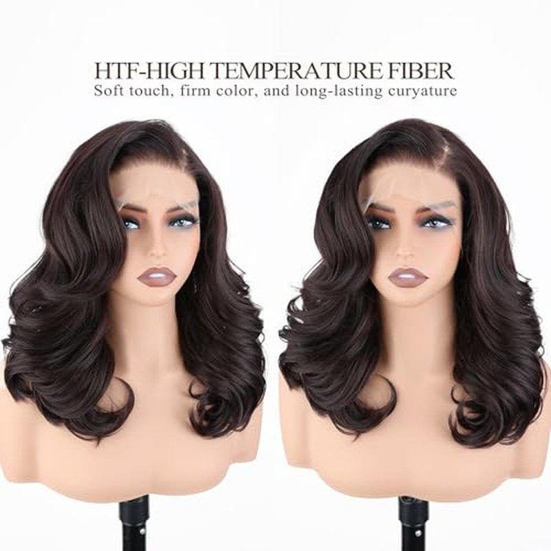 SISgrace Brown 13¡¿6 HD Lace Front Wigs Synthetic Glueless Pre Layered Brown Roots Body Wave Wigs for Women Pre Plucked 18 Inch Tiny Knots Lace Natural Hairline Bob Wig