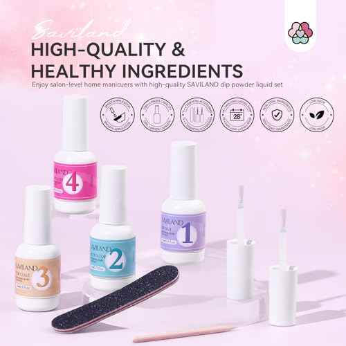 SAVILAND Dip Powder Liquid Set: 4 Pcs Nail Dip Liquid Set with HEMA-free Base Activator Top Coat and Brush Saver 15 ml/0.5 Fl.oz Dipping System Essentials No Curing Home Use DIY Salon Art
