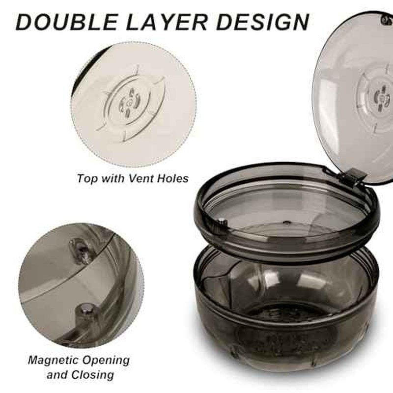 Retainer Cleaning Case,Portable No-Leak Denture Cup Case with Dentures Brush Kit, Travel Retainer Cases with Vent Holes for Clear Aligner,Mouth Guards,Night Guard,Dentures (Black)