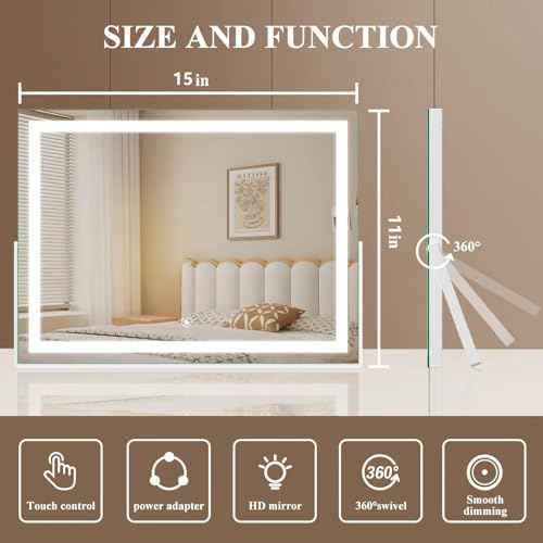 Vanity Mirror with Lights, 15"¡¿ 11" LED Makeup Mirror, Lighted Makeup Mirror with Lights, Smart Touch Control Dimmable 3 Modes Light 360¡ÆRotation White