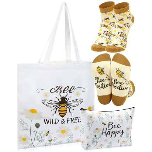 3 Pcs Bee Themed Gifts for Women Funny Honeybee Canvas Tote Bag with Zipper Makeup Bag and Socks Bee day Holiday Birthday Gifts for Mother Teachers Employee Beekeepers Lovers