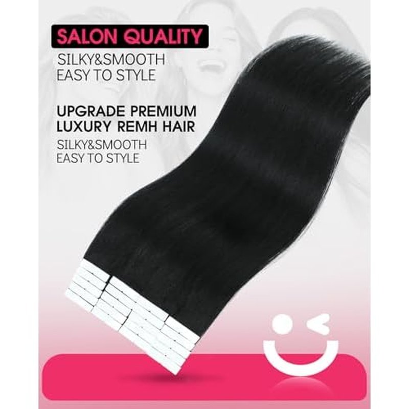 Youngsmile Injection Tape in Hair Extensions Real Human Hair, #1 Jet Black 14 Inch Invisible Edge Tape in Injected Hair Extensions, 20pcs 30g, Straight Remy Virgin Human Hair Tape ins (#1,14'')