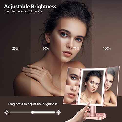 Makeup Mirror with Lights, 3 Color Lighting, Lighted Makeup Mirror, 10x 3X 2X Magnification, Vanity Mirror with 72LEDs, Touch Control, Dual Power Supply, Female Gift(Rose Gold)