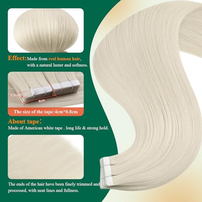 Easyouth 24 Inch Blonde Tape in Hair Extensions Remy Human Hair Tape in Extensions White Blonde Tapes Hair Extension Real Human Hair for Long Straight Hair 20Pcs 50G