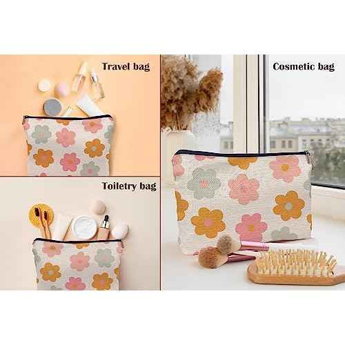 Retro Groovy 60s 70s Daisy Flowers Makeup Bag Cosmetic Bag Zipper Pouch Toiletry Bags,Groovy Gifts for Women Teen Girls Her