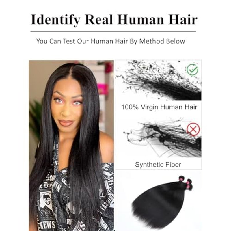 KLAIYI Yaki Straight Bundles Human Hair Weaves Unprocessed Real Virgin Hair Sew In Extensions One Bundle Of 16Inch, 12A Kinky Straight Double Wefts for Women Cllip In Light Yaki Natural Black Color