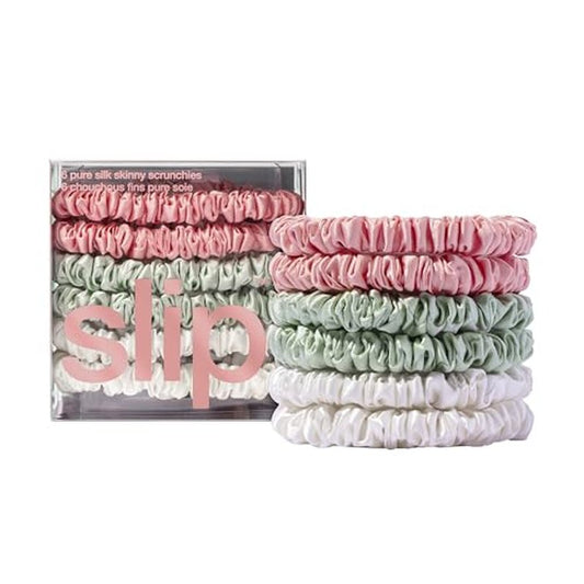 Bellerose Silk Skinny Scrunchies - 100% 22 Momme Mulberry Silk Hair-Friendly Elastic Set (6 Luxurious Scrunchies for Women)