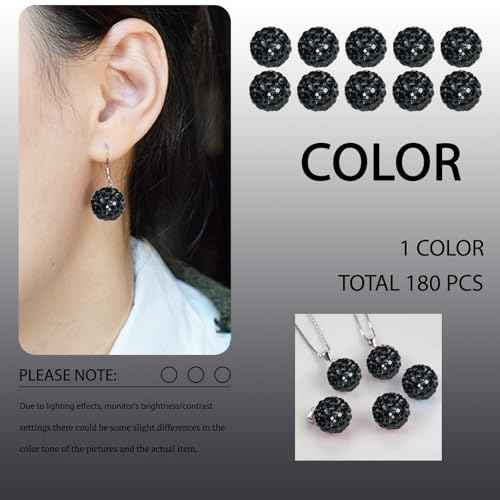 180 pcs Black Rhinestone Beads for Jewelry Making-10mm Round Disco Ball Beads Crystal Baseball Bead Bling Bead for Necklace Bracelet,DIY Craft Supplies,Earring Jewelry Making