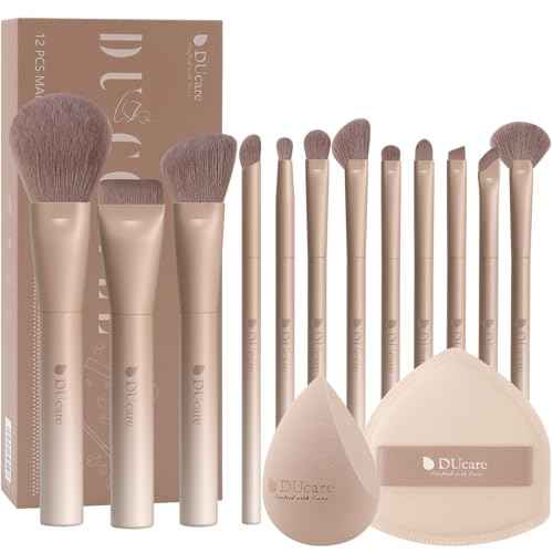 DUcare Christmas Makeup Brushes Set 12Pcs Coffee Series Makeup Brush set with Makeup Sponges Foundation Blending Face Powder Blush Eye Shadows Brushes