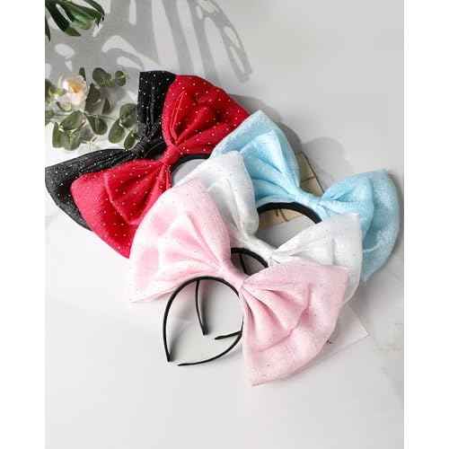 Big Pink Bow Headband - Cute Glitter Bows Headpiece for Women Girls, Fashion Bowknot Hair Accessories for Birthday Halloween Christmas Cosplay Party Costume Derss Up