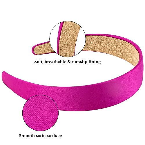 Wecoe Hot Pink Headband 1.2 Inch Wide Silk Satin Headband Women Non Slip Fashion Back to School Plain Head Band Solid Hair Band DIY Holiday Hair Accessories for Women Girls Diademas Para Mujer Gifts