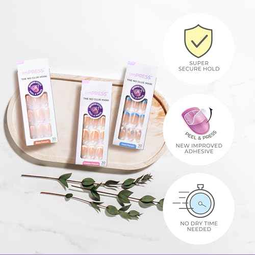 KISS imPRESS No Glue Mani Press On Nails, French, 'Model', Light Neutral + White Tip French, Short Size, Squoval Shape, Includes 30 Nails, Prep Pad, Instructions Sheet, 1 Manicure Stick, 1 Mini File
